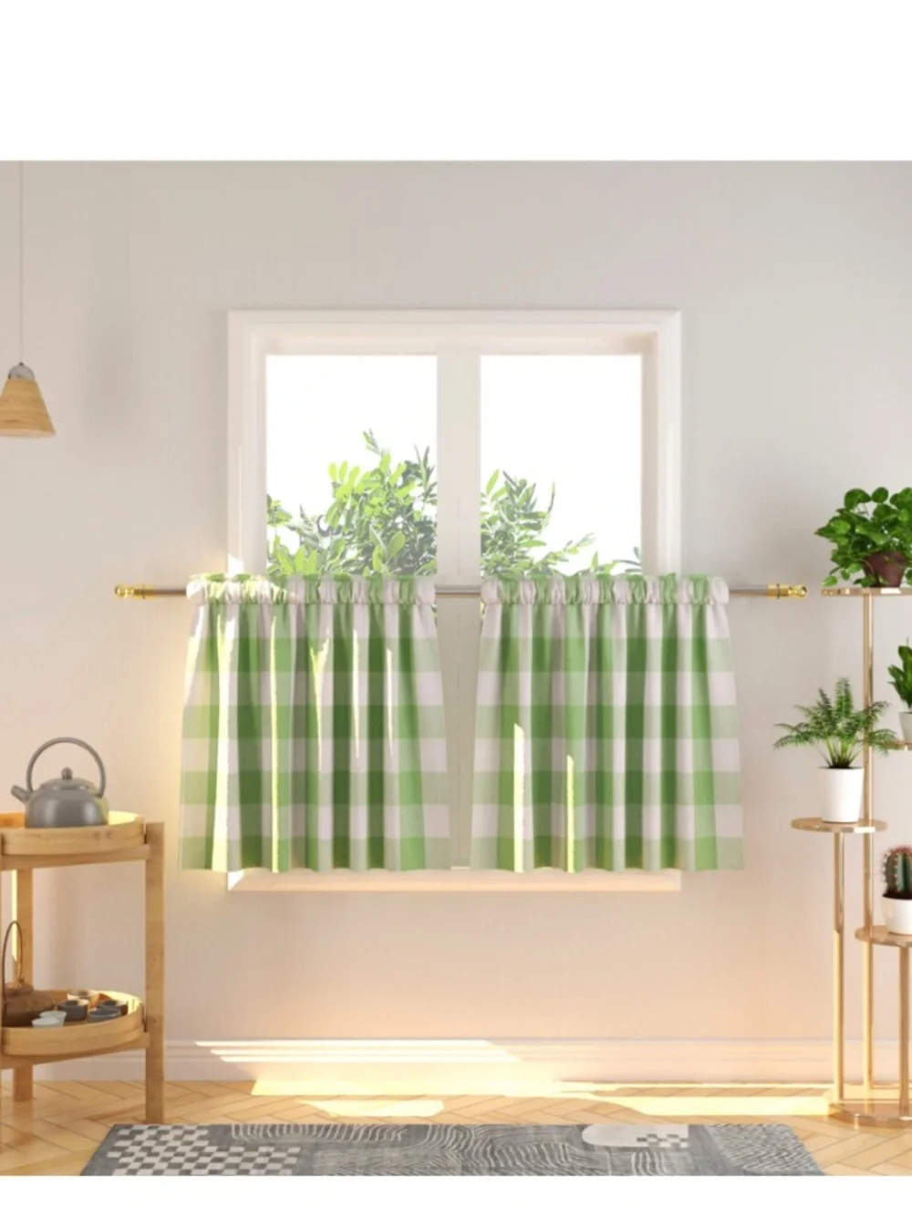 Farmhouse GINGHAM Buffalo Plaid Tier Curtains Rod Pocket 24” MINT GREEN & WHITE